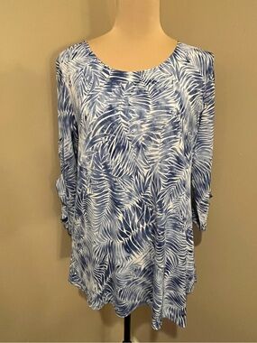 Clara Sun Woo  Blue/White Palm, flutter cuff Asymmetric Hem Tunic, S coastal